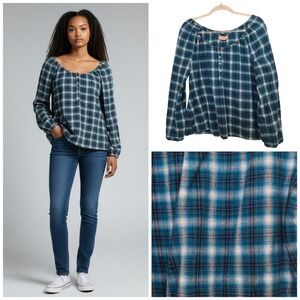 Ocean Pacific Y2K Blue Plaid Long Sleeve Button Front Scoop Neck Top Womens Sz L